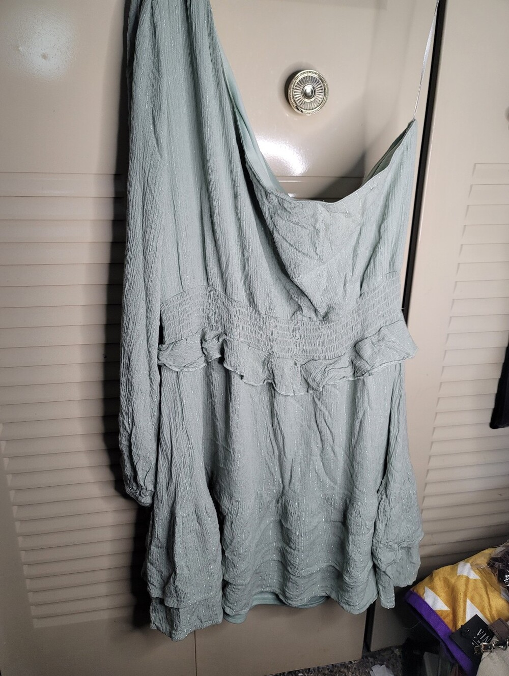 alter’d state sage green long sleeve off shoulder gathered ruffled dress Large
